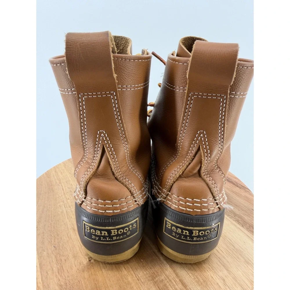 LL Bean Womens 8 Bean Boots Tan Brown Leather Rubber Duck Boots Made in USA